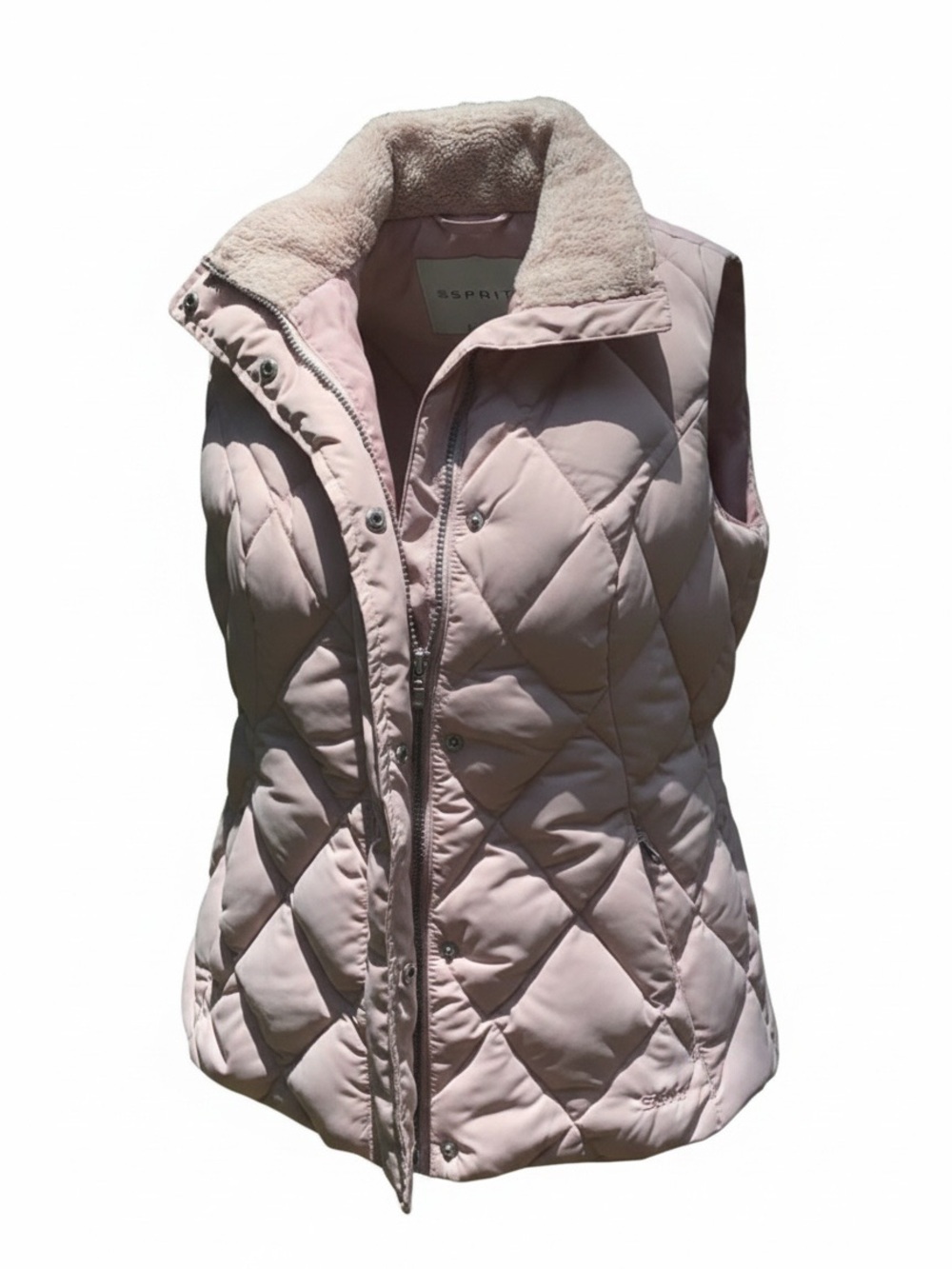 EDDIE BAUER Quilted Goose Down Vest Model EB650 Faux Shearling Collar Pink SZ SM